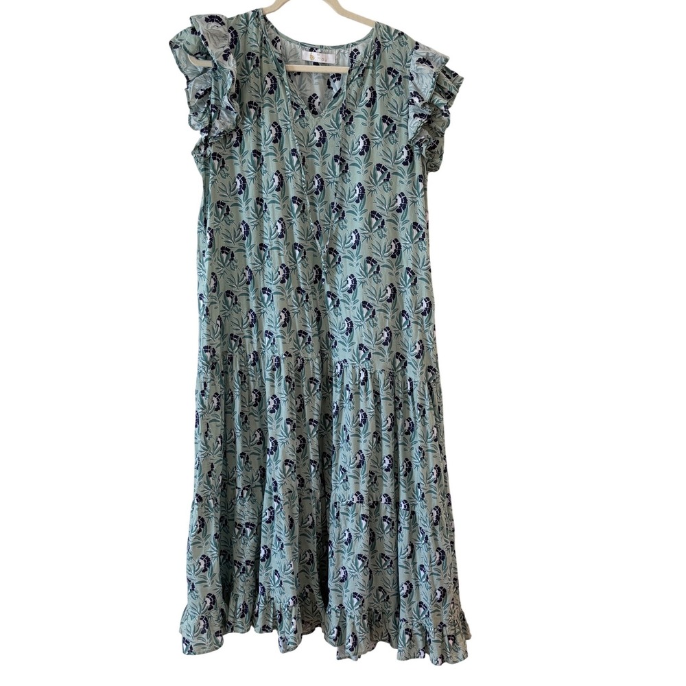 Bindu Sage Green Floral Tiered Midi Dress Ruffle Sleeve V-Neck Women XS